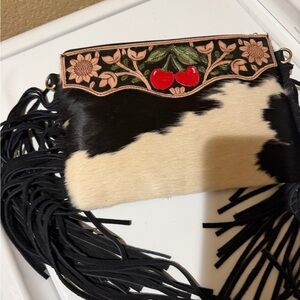 New Fringe Cowhide Crossbody Bag with Cherry Embroidery - Black & White
